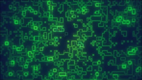 Grün leuchtendes digitales Raster aus quadratischen Pixeln, das einer Datenvisualisierung im Matrixstil ähnelt