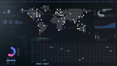 Futuristic Digital HUD with Animated World Map and Data Analytics