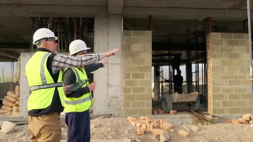 Ingenieure schauen sich Bauarbeiten an, Diskussion über Planung und Inspektion, Bauprojekt