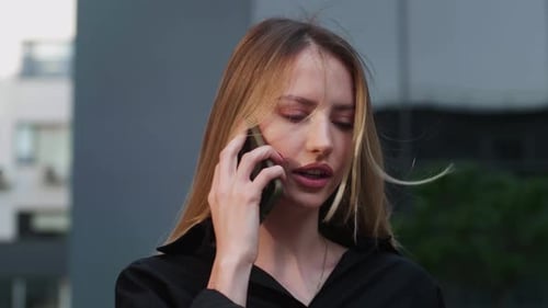 Caucasian Businesswoman Answer Income Mobile Call Talk Phone Outdoor Listen Good News Cellphone