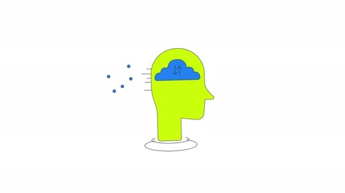 Digitale Datenwolke in der Silhouette eines menschlichen Kopfes, 2D-Cartoon-Objektanimation