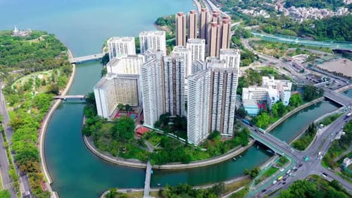 Vista deslumbrante e panorâmica da cidade nova de Tai Po, Hong Kong