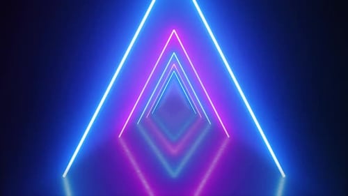 Flying through a neon futuristic endless triangle tunnel of pink and blue lines. Cyber corridor