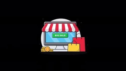 Computer Shop with Shopping Bag and Coin. Online Shopping Concept Animation Video - Transparent