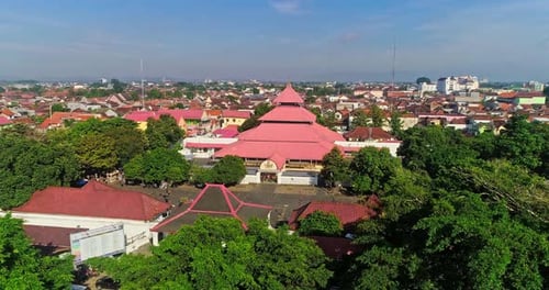 Yogyakarta, 29 April 2024, Aerial view of the grand mosque surrounded by green trees
