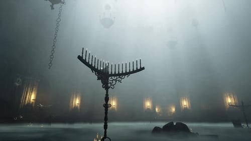 Hanukkah Menorah Candelabra in Dark Mystical Hall