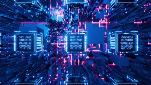 KI-Konzept. Binärcode. Digitale Technologie. Kamera aus dem Binärcode-Würfel herauszoomen. Hackerangriff.
C