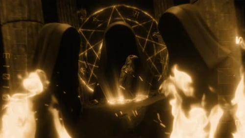Dark Ritual Scene with Hooded Figures, Fire, and Glowing Geometric Symbol