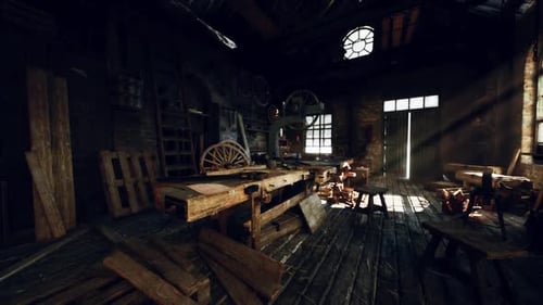 Old Carpentry Workshop Filled with Vintage Tools and Rustic Wooden Furniture