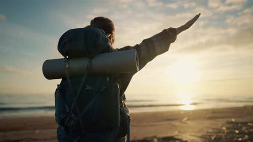 Woman Tourist Enjoys Sea Beach on Hike Female Rising Hands Up Feeling Freedom Admiring Northern