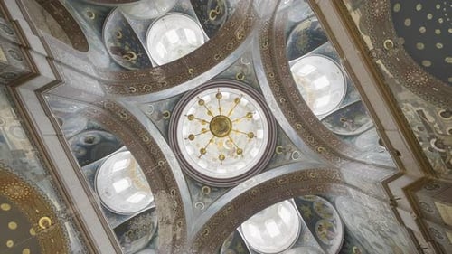 A huge temple with a ceiling decorated with patterns, which is removed from below