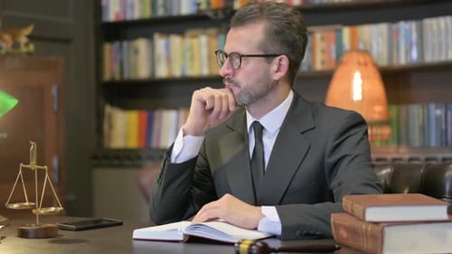 Pensive Middle Aged Lawyer Reading Book in Office
