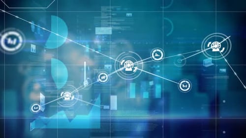 Animation of connected technological icons with graphs data and information floating