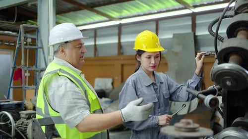 Experienced male engineer and young female worker inspecting industrial machinery in a factory