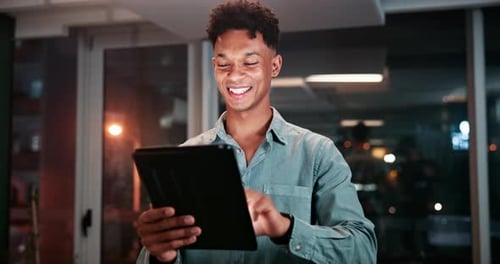 Night, businessman and smile with tablet in office for investment, research