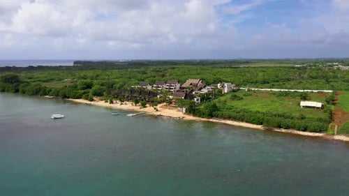 Aerial view of coastal resort buildings, Mauritius.