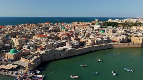 Aerial video over the old city of Acre in northern Israel