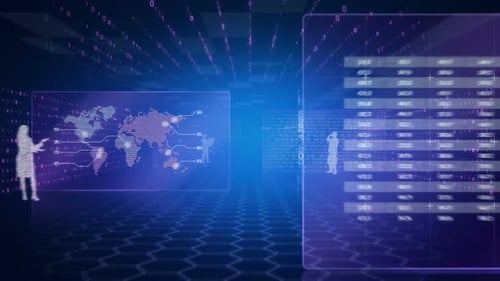 La cámara se mueve a través de un túnel binario con siluetas de empresarios dentro de 3