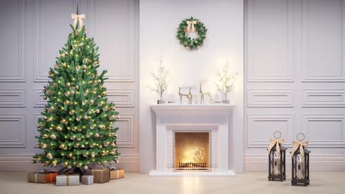 Cozy Christmas Atmosphere With Decorated Tree And Fireplace Glow In Living Room