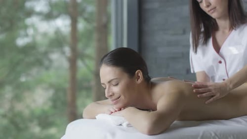 Young brunette woman is getting a relaxing massage in wellness center.