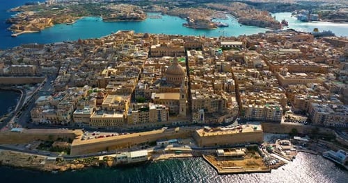 Aerial View of an Incredible View of the Old Town Center of Valletta with Basilica of Our Lady of