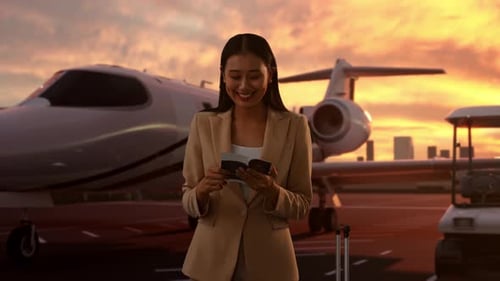 Asian Businesswoman Looks At Passport And Looks Around With Private Jet At Airport