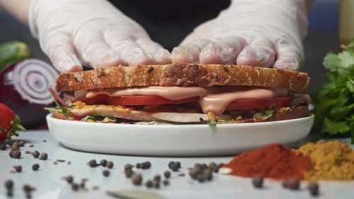 Mouthwatering Succulent Sandwich Filled with Turkey Meat and Variety of Vegetables All Coated in