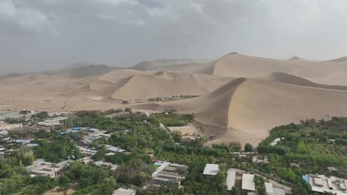 Aerial view of desert and oasis, China.