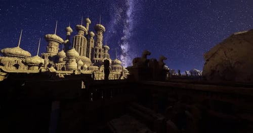 Majestic Castle Under a Starry Night Sky Near Desert Landscape