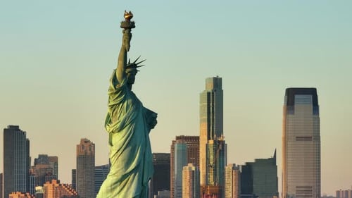 Aerial view of the Statue of Liberty at dusk