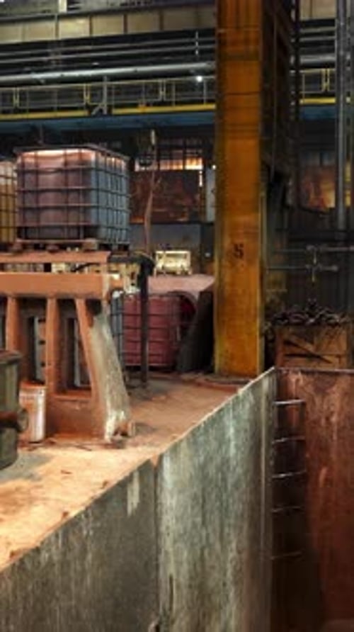 Industrial Crane Lifting Molten Metal in Foundry Stock Clip