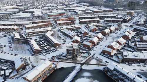 Snowy Urban Neighborhood Aerial View in Winter