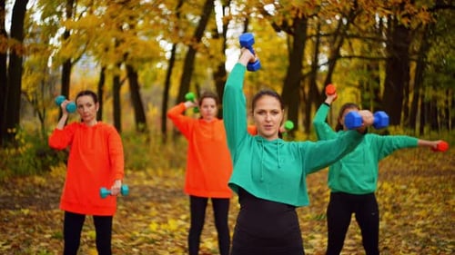 A Group of Women Do Sports Using Dumbbells in an Autumn Park