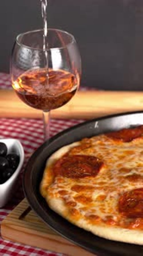 Vertical Video, Pepperoni Pizza, Pouring Rose Wine Into A Glass