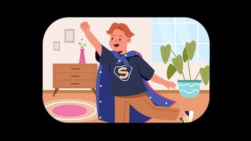 Animated Flat Design Superhero Boy Flying in a Room