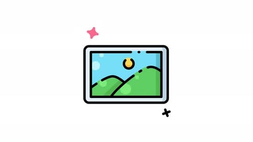 Animationssymbol Bilderrahmen mit grünen Hügeln und einer Sonne.