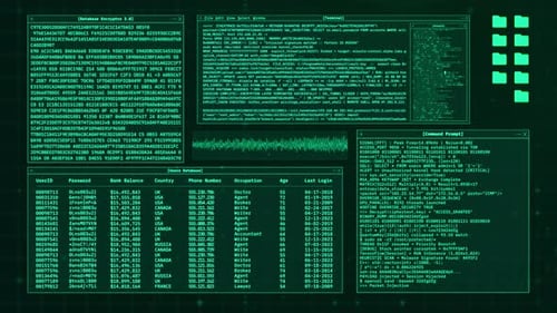 Database Encryption Hacking Console – Cyber Security User Data Breach Digital Background Animation