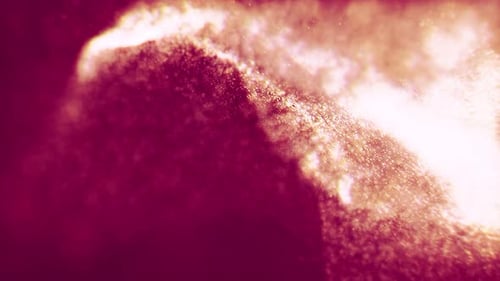 Flowing wavy lines and shaking particles on an abstract dark red gradient background.