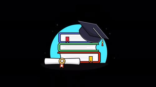 Animated Education and Graduation Icon with Books and Cap