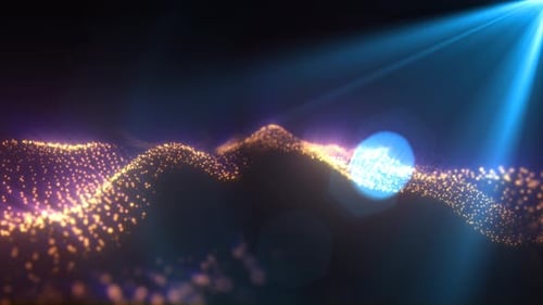 Abstract glowing yellow golden magic energy wave from particles and dots bright shiny on a dark
