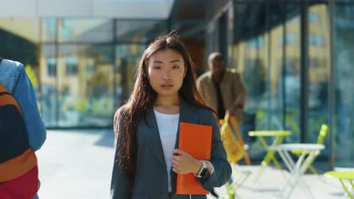 Portrait of Attractive Asian Girl College Student Standing at Campus University Outdoor Modern