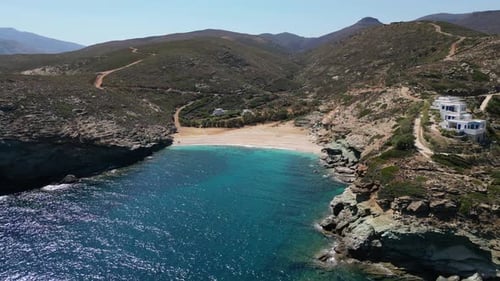 Aerial drone video from iconic sandy beach of Andros, Cyclades, Greece