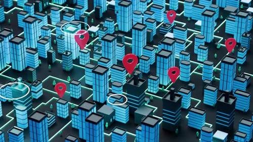 Animated Futuristic City Map with Location Pins and Glowing Paths