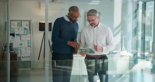 Business men, tablet and meeting in office with finance report, budget review and statement