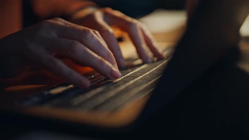 Night Hands Typing Laptop Closeup Busy Manager Person Pressing Buttons Working