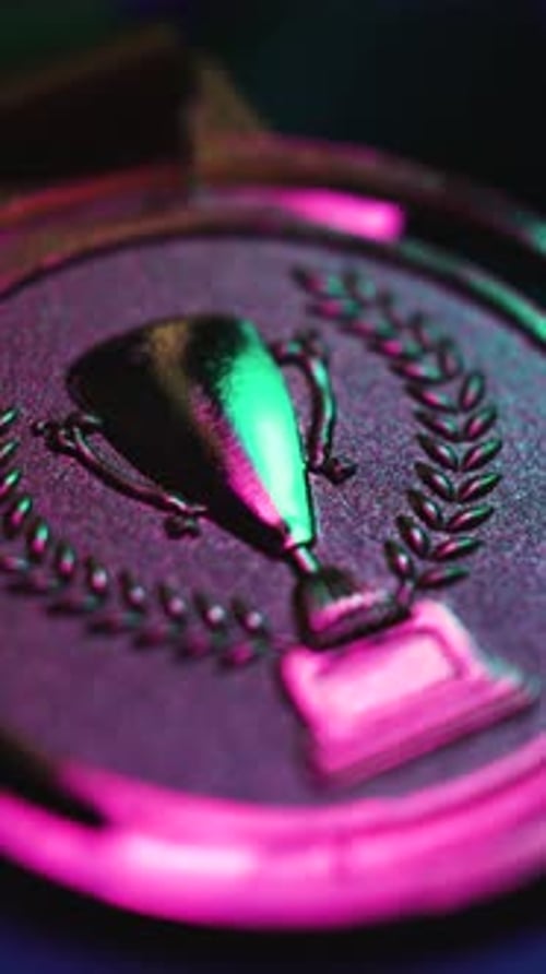 Award Presentation Showcasing Vivid Neon Colors On Shiny Embossed Trophy With Ribbon Detail