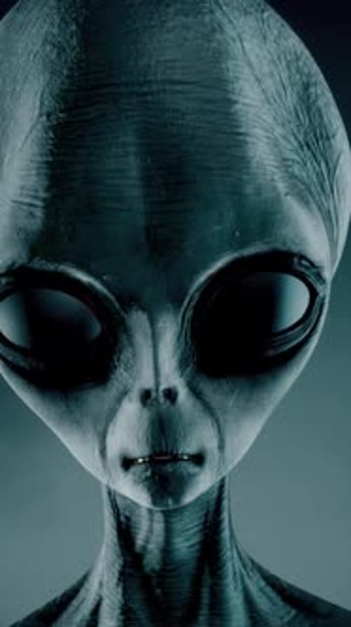Scary Gray Alien Stands and Looks Blinking on a