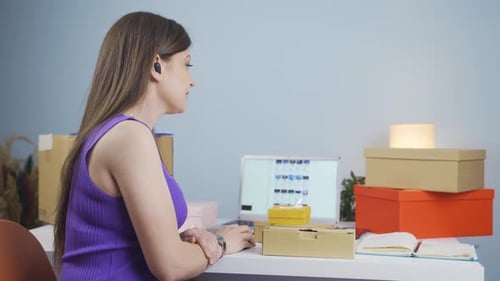 Businesswoman Talking and Working at Desk with Laptop