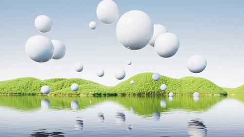 Floating spheres over the lake in the nature