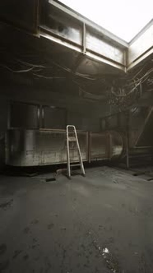 Exploring an Abandoned Industrial Space with a Ladder Under Bright Skylight